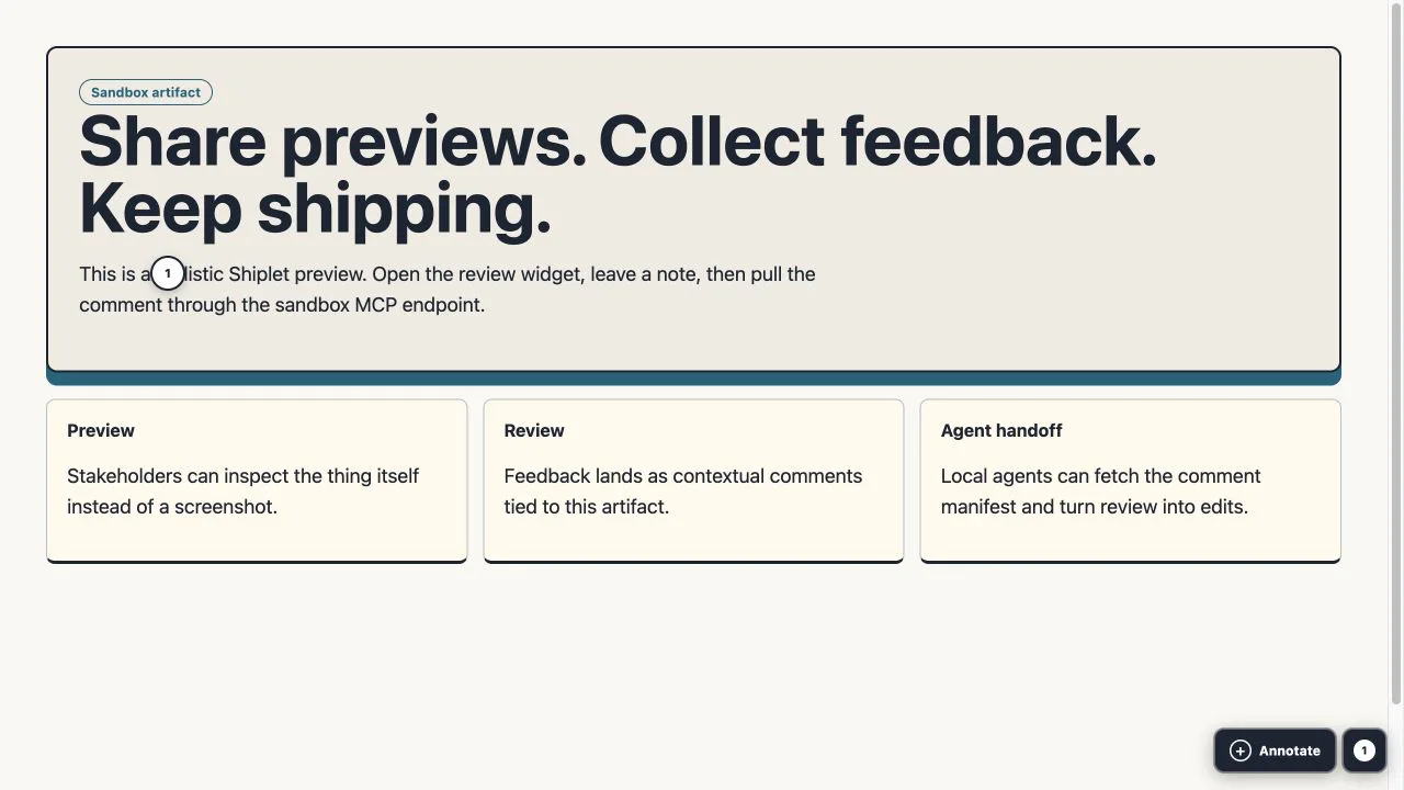 The default Shiplet review flow on a static artifact, with the compact Annotate control and one contextual comment pin