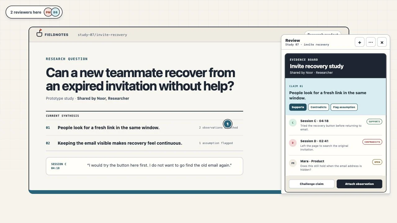 A researcher-authored invite recovery study wrapped in an evidence board that connects product claims to observations and open questions