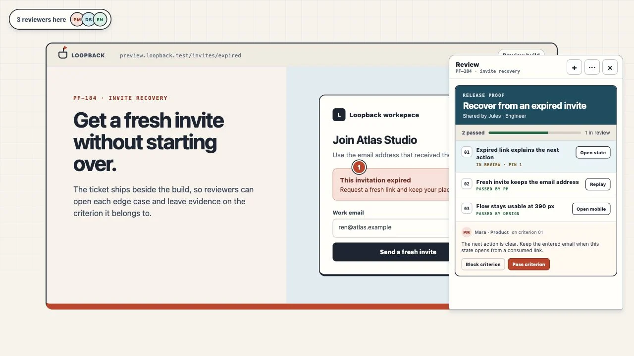 An engineer-authored invite recovery build wrapped in a custom release-proof widget that turns acceptance criteria into test controls